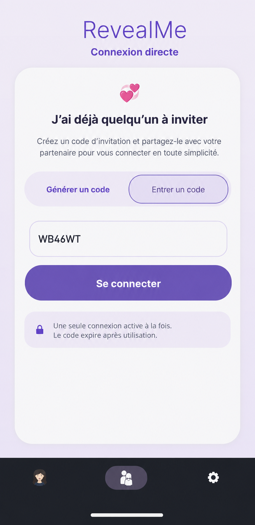 Capture d’écran RevealMe pour entrer un code d’invitation