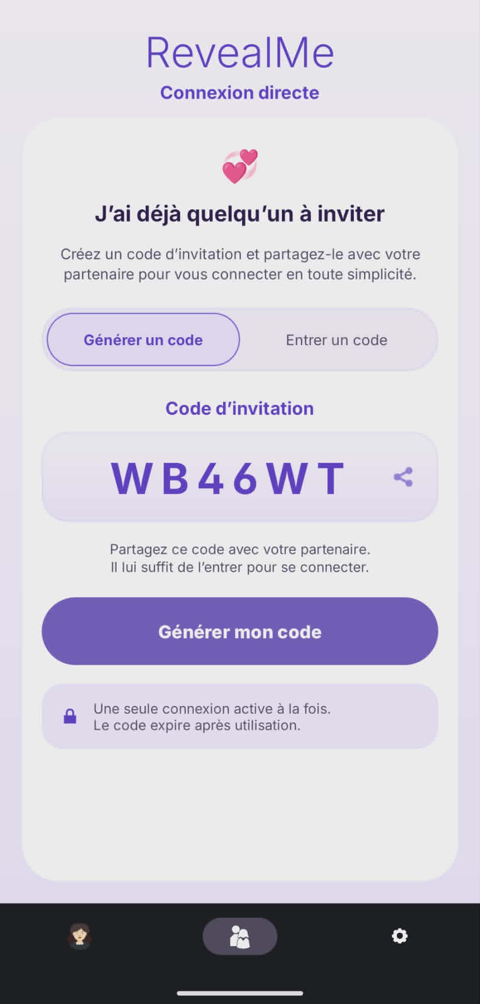 Capture d’écran RevealMe pour générer un code d’invitation