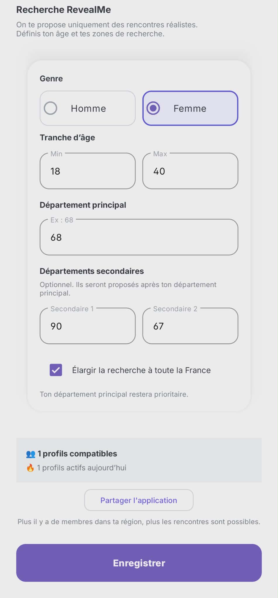 Capture d’écran RevealMe des préférences de recherche