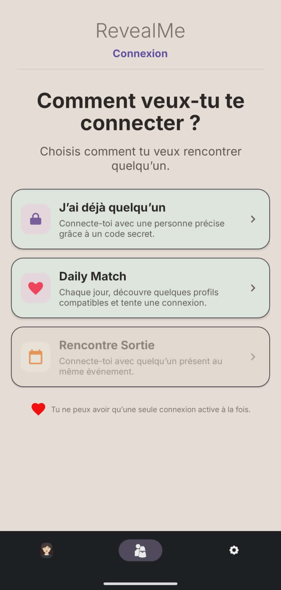 Capture d’écran des modes de connexion RevealMe